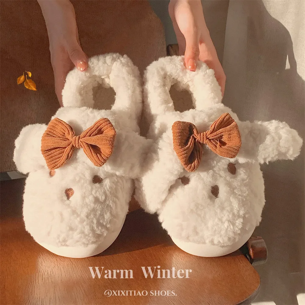 Soft cute cute creative bow bunny warm cotton slippers fall and winter indoor Baotou soft bottom plush fluffy shoes female