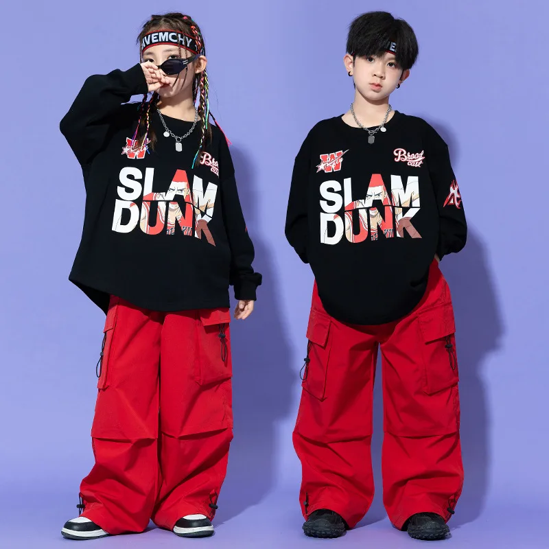 Kid Hip Hop Clothing Black Letters Sweatshirt Top Red Casual Wide Pockets Cargo Pants for Girl Boy Jazz Dance Costumes Clothes