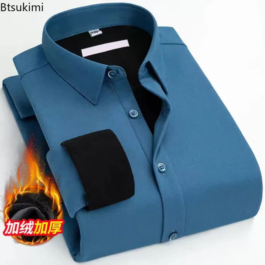 New Autumn Winter Mens Business Shirt Velvet Thickening Warm Casual Long Sleeved White Blue Black Smart Male Social Dress Shirt