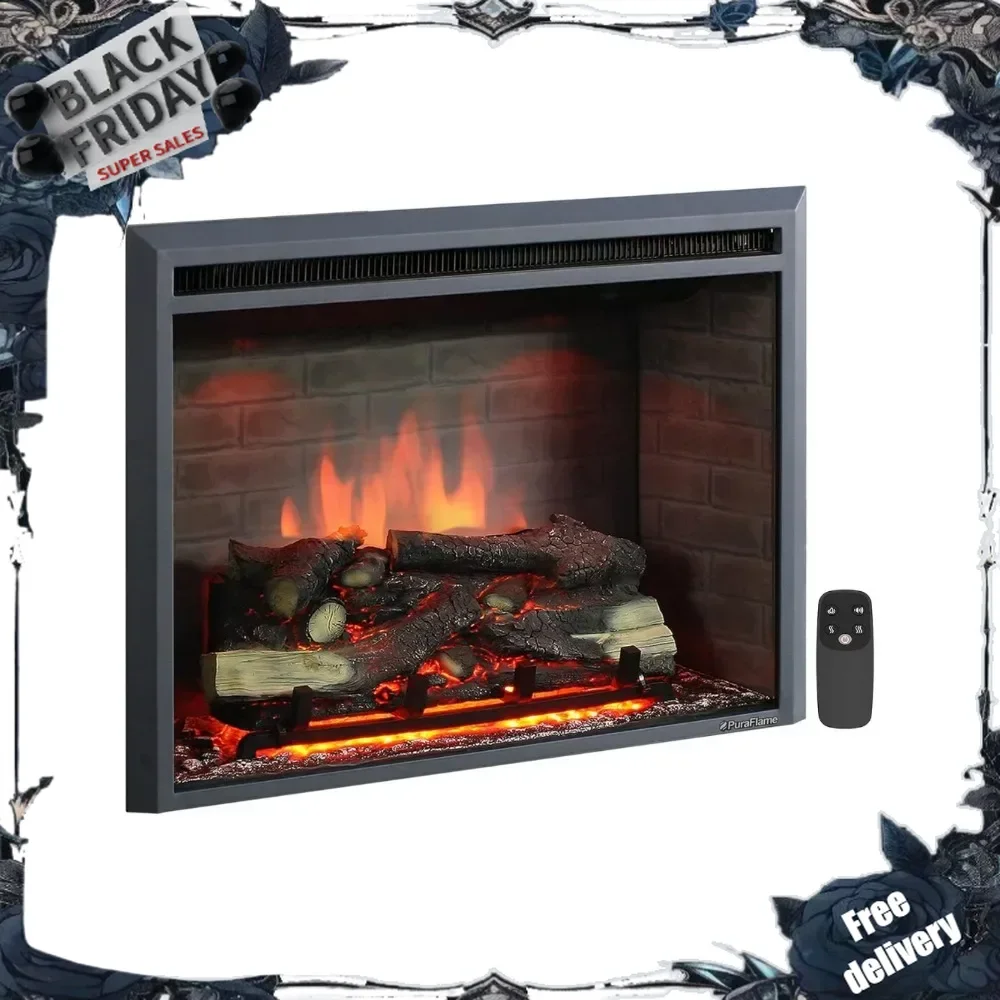 Western Electric Fireplace Insert with Fire Crackling Sound,750/1500W, Black, 33 1/16 Inches Wide, 25 9/16 Inches High