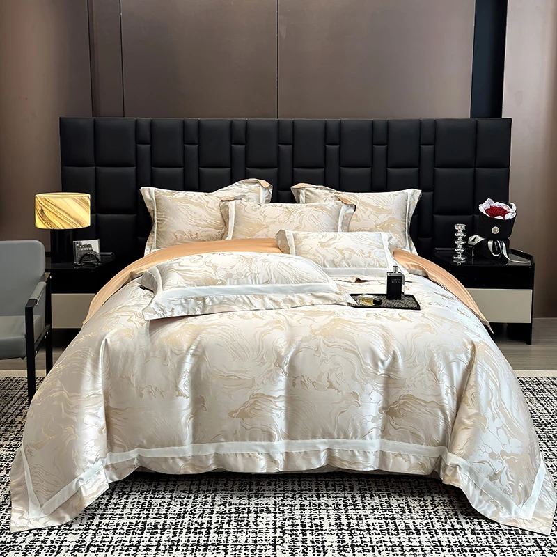800TC Lyocell Cotton Satin Jacquard Patchwork Soft Silky Luxury Bedding Set Duvet Cover Bed Sheet/Fitted Sheet Pillowcases 4Pcs