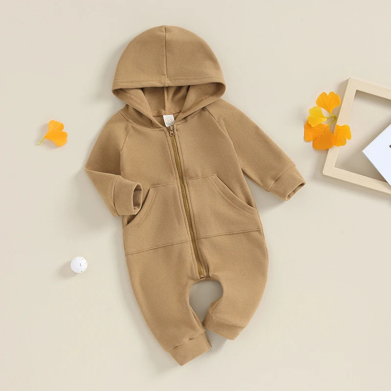 

Baby Girls Boys Autumn Hooded Jumpsuit Solid Color Long Sleeve Zipper Closure Casual Romper