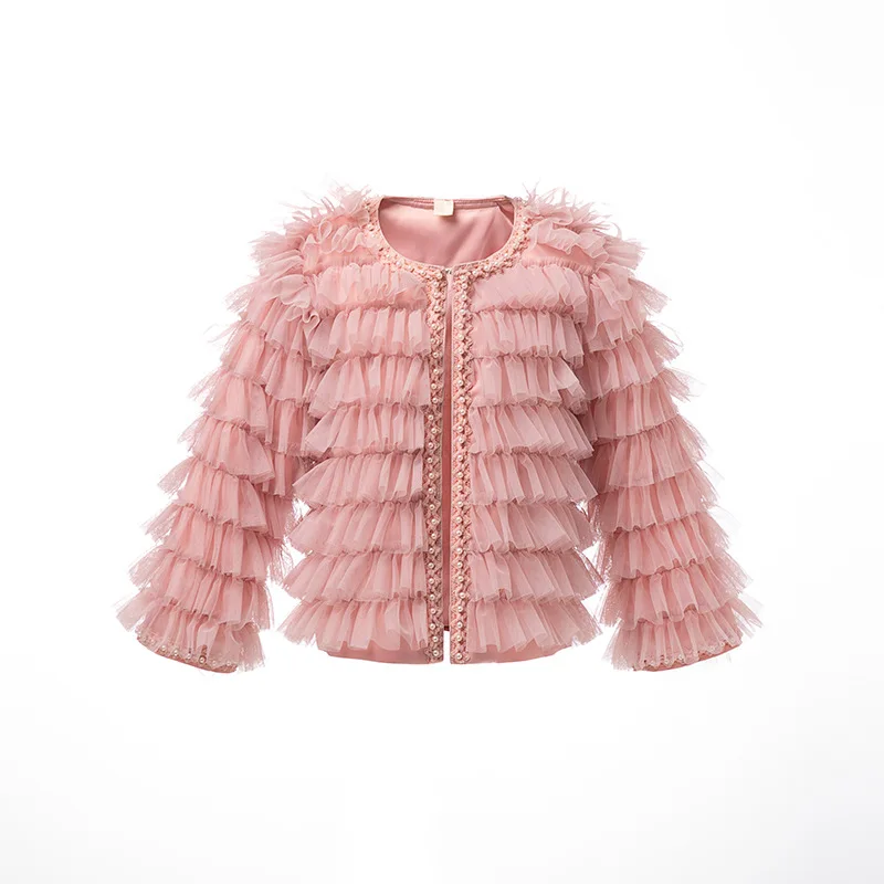 

Pleated Ruffle Open Stitch Shirt for Baby Girl Tierred Mesh Spliced Solid Loose Top Pink Spring Summer New O-neck Tops