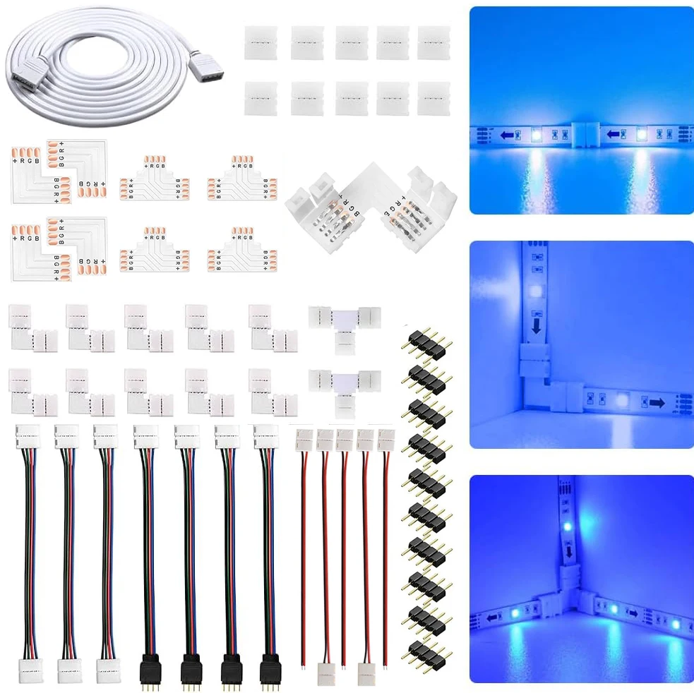 5050 4-Pin RGB  LED Strip Light Connector Kit with T/L-Shaped Strip Led Strip Clips Wire Connection Terminal Splice LED Strip