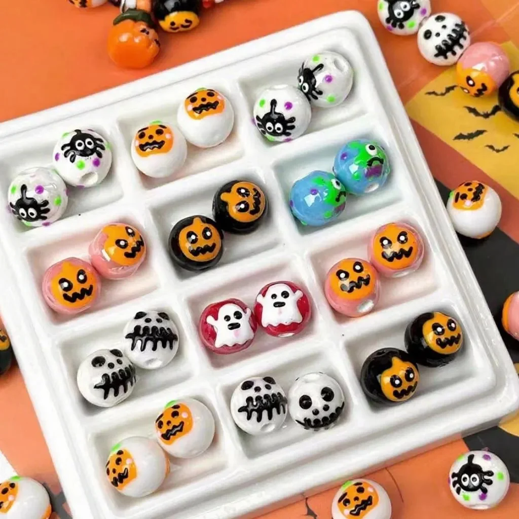 2pcs Halloween Hand-painted Ghost Ceramic Round Beads, Loose Beads for DIY Bracelet Necklace Jewelry Making Supplies