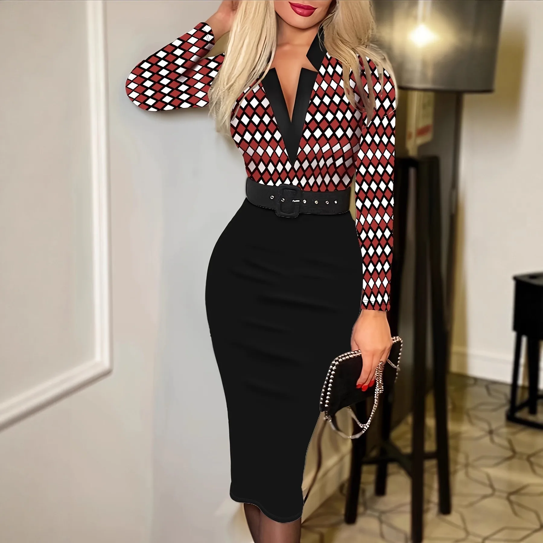 Elegant Party Dress Women's Evening V Neck Dresses Black Floral Print Dress Belted Midi Dress Woman Knee Length Polka Dot