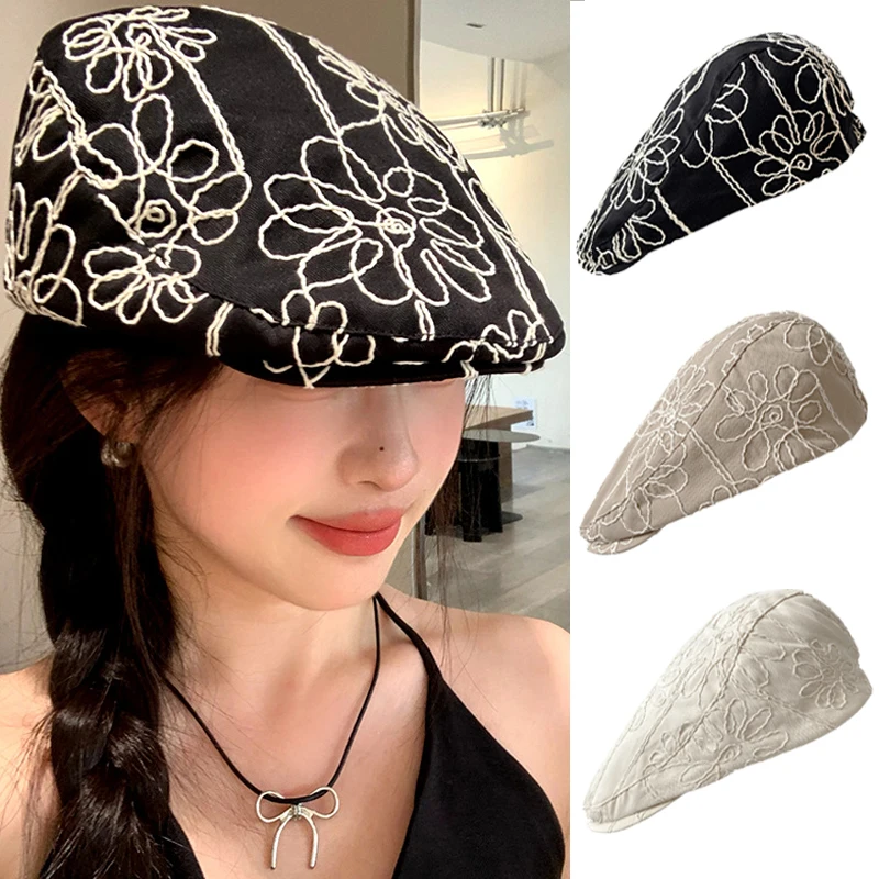 

Retro Flowers Embroidery Berets for Women British Vintage Forward Hat Leisure Literature Painter Hats Korean Fashion Newsboy Cap