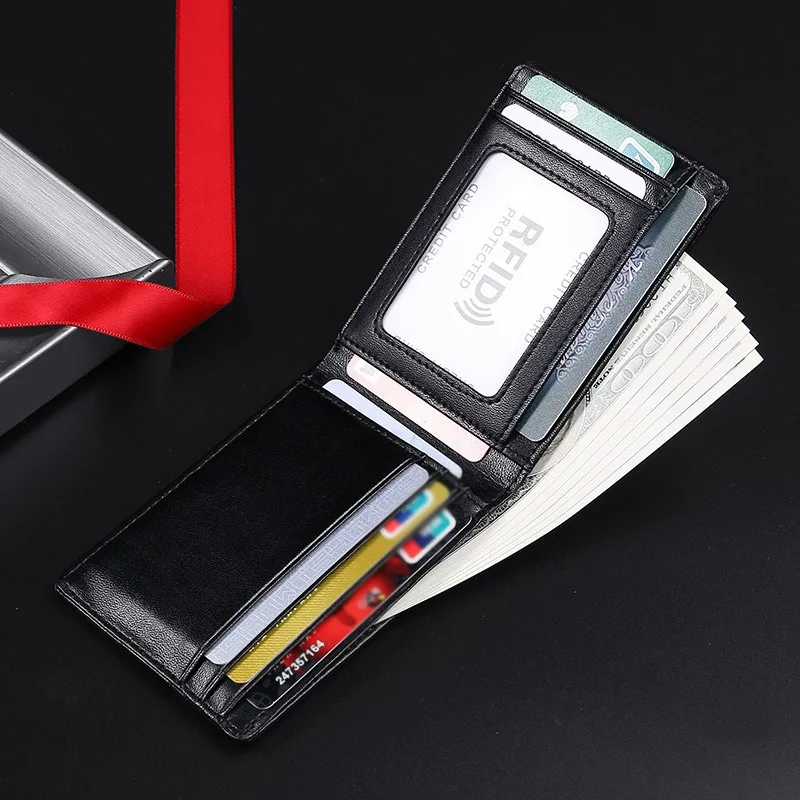 Ultra-Thin Men's Genuine Leather Wallet Rfid-Blocking Business Cowhide Card Holder European & American Style for Professionals