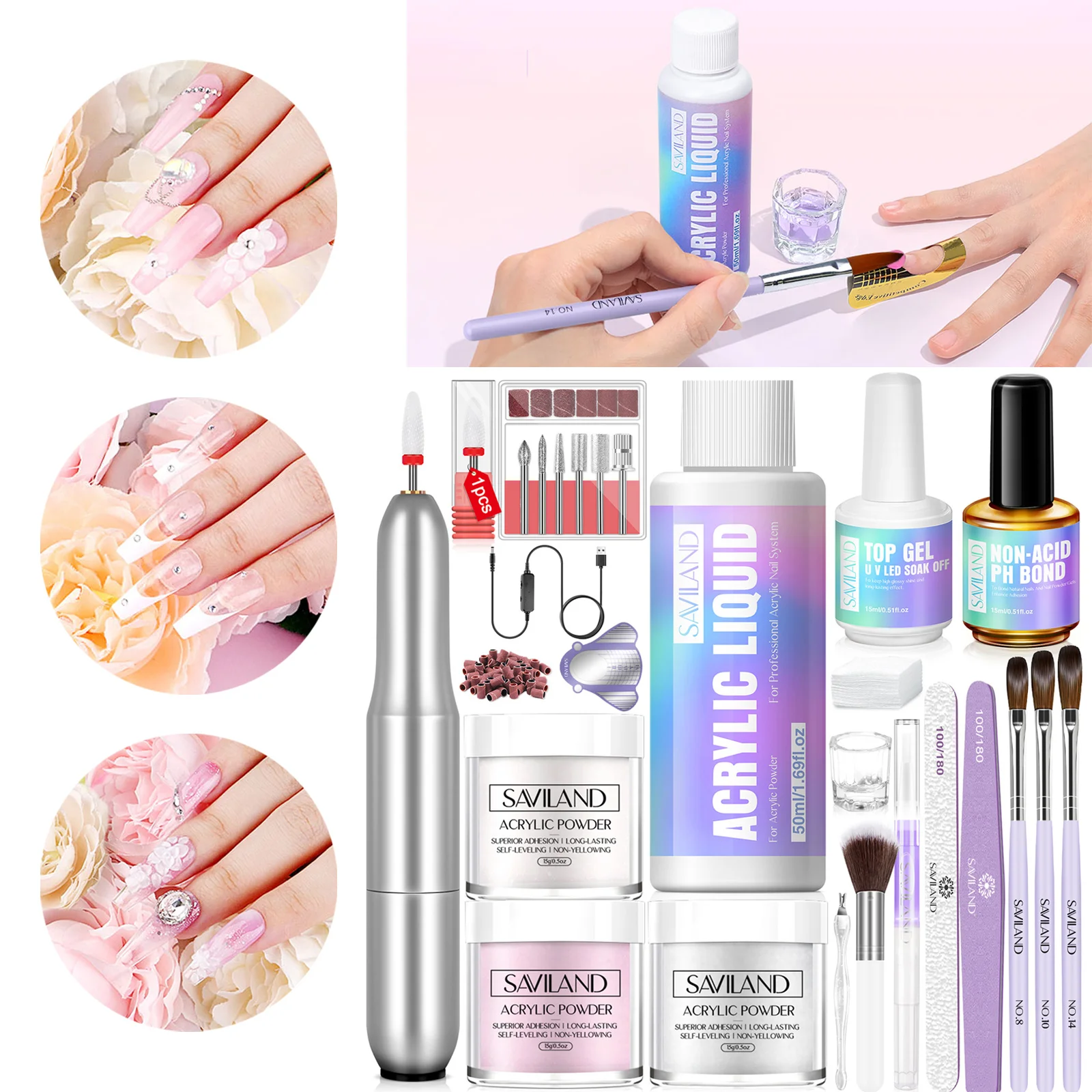 

SAVILAND Полный набор акриловых ногтей с дрелью для ногтей 0,5 унции Прозрачный белый розовый порошок 50 мл Жидкие кисти Формы для дома DIY для начинающих