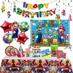 Decoraciones de fiesta de cumpleaños con temática de Super Brother para niños, globos de látex de aluminio, vajilla desechable, telón de fondo, suministros de aniversario