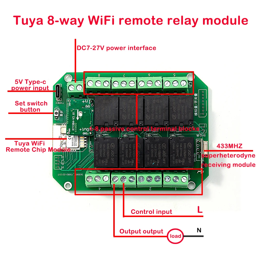 Tuya 8 Way Relay Switch Module 8 Channel DC 7-27V WiFi/Zigbee Wireless Smart Home Remote Control Switch with RF 433MHZ