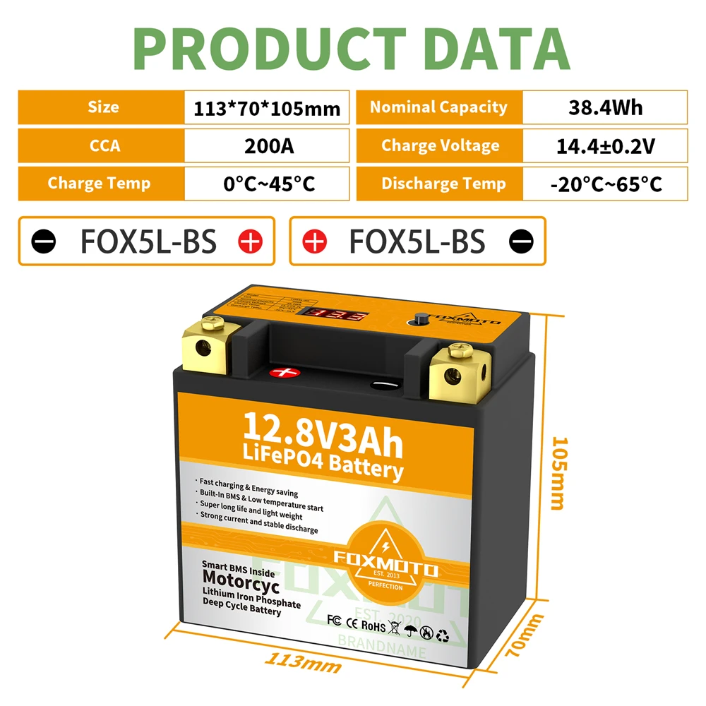 FOX5L-BS 12V 38.4Wh CCA 200A BMS Motorcycle Start Battery 12.8V Lithium iron Phosphate Scooter LiFePO4 Batteries YTX5L-BS YTX5L