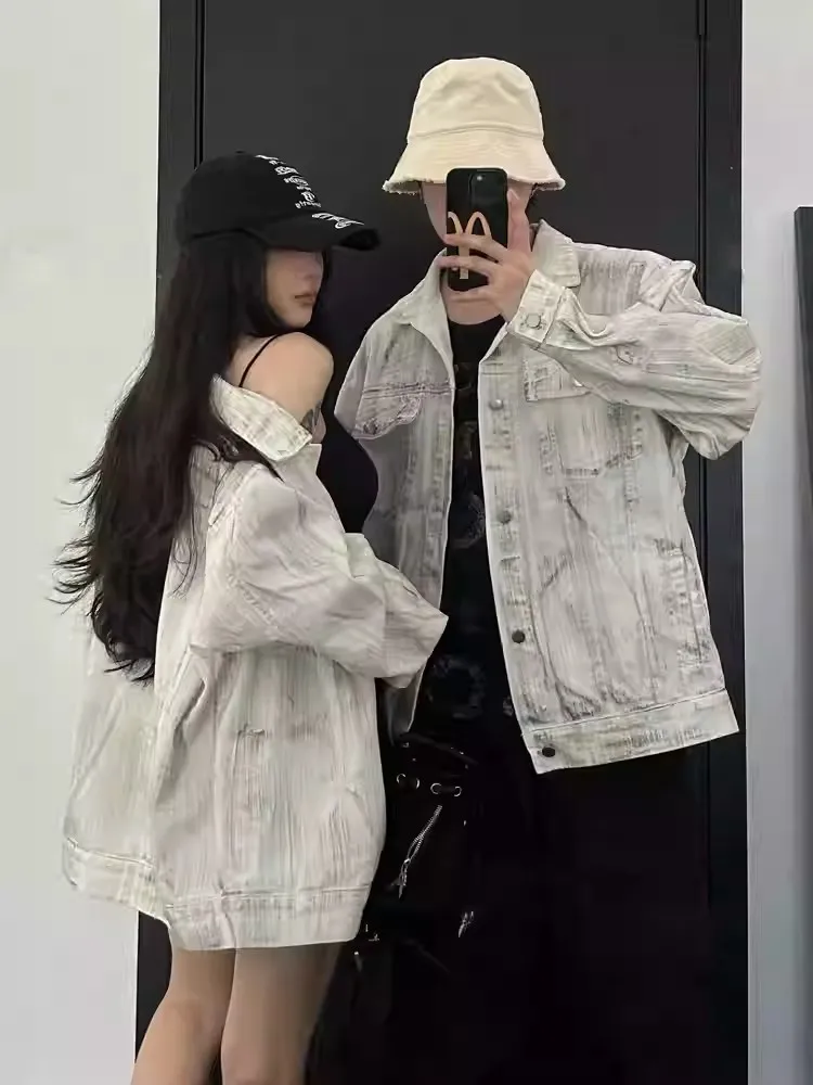 

Casual Vintage Denim Jaet Couple Matching Spring Autumn American High Street Loose Fit Collarl Jaet for Men And Women