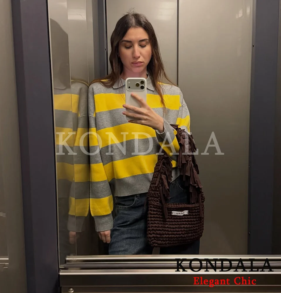 

KONDALA женский повседневный полосатый пуловер, свитер с длинными рукавами, вязаный свитер, новинка 2025 года, весенне-осенний пригородный свитер обратно в школу