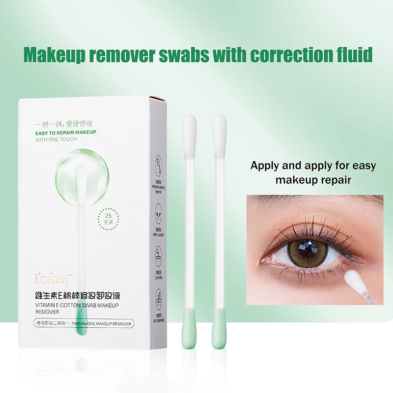 0.3ml×25Pcs Makeup Remover Cotton Swabs Pre-soaked With Cleansing Liquid Foldable For Instant Use Beauty Cleaning Correction.
