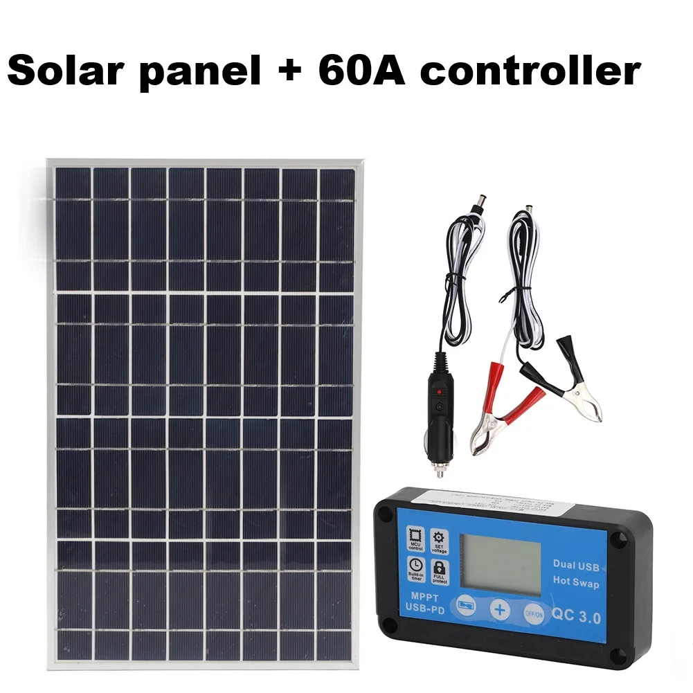 Portable Solar Panel Kit With 60A Auto Controller And USB Output For 12V 24V Battery Charging In Outdoor Garden Home