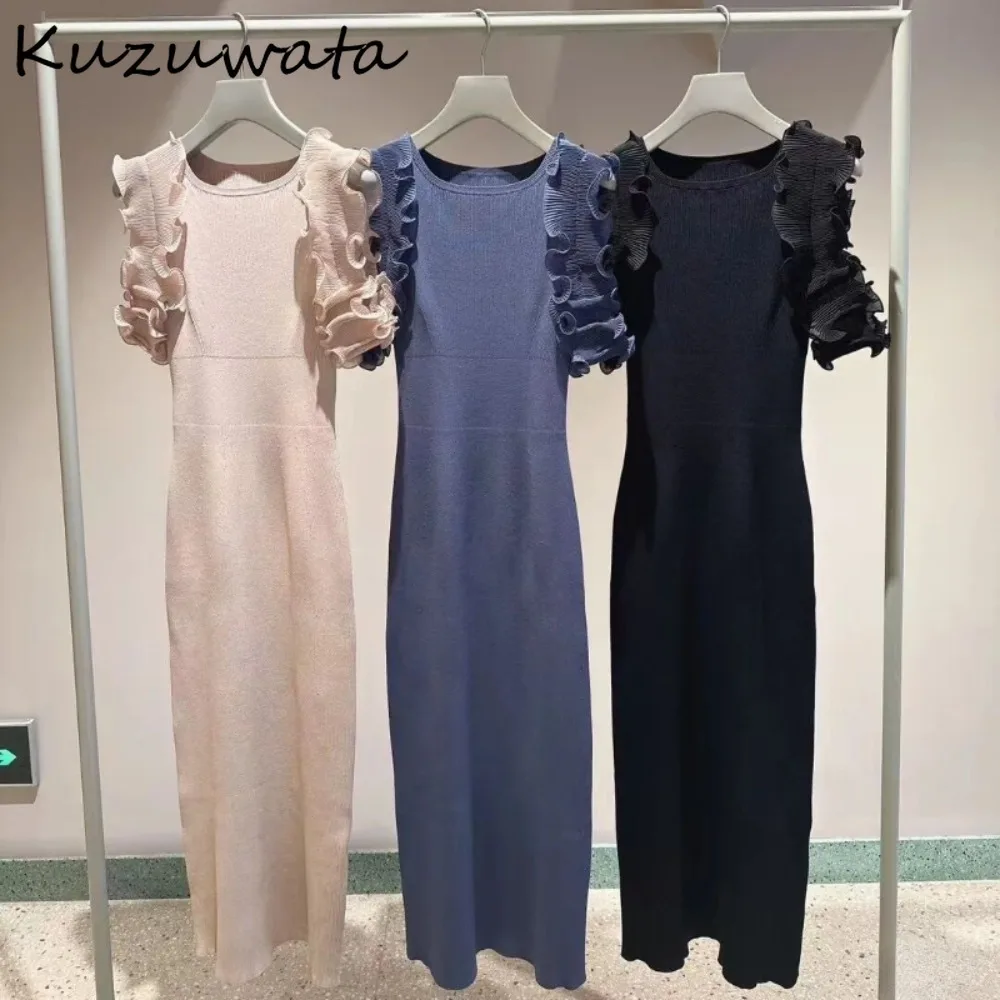 Kuzuwata Mid-length O Neck Butterfly Sleeve Ruffles Robe Slim Fit Pleated Off Shoulder Elegant Vestidos Japan Knit Fashion Dress