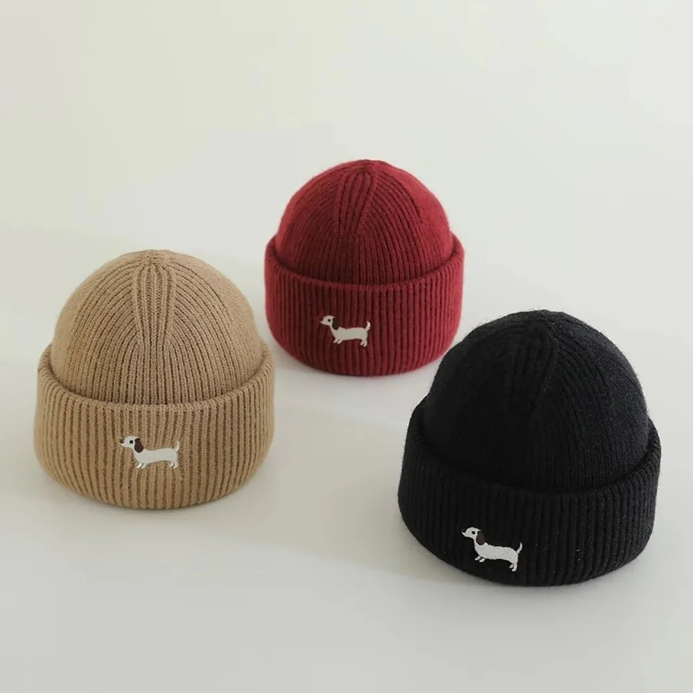

New Cartoon Puppy Baby Winter Hat Knitted Embroidered Warm Pullover Cap Thickened Solid Color Baby Cap Boys Girls