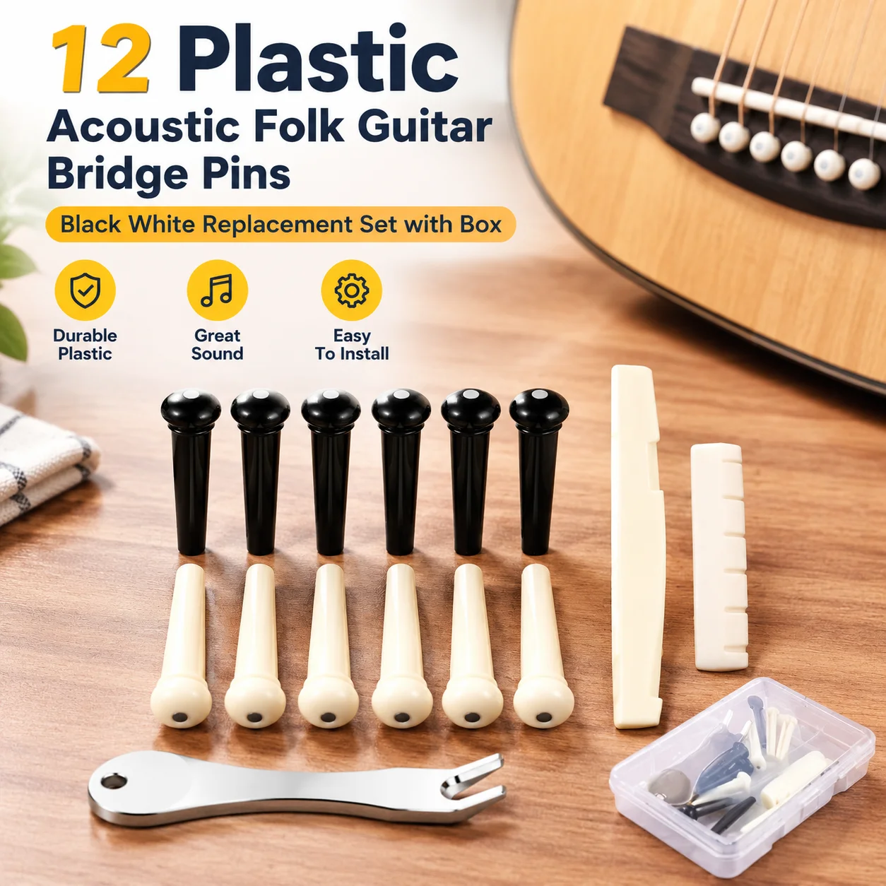 12 Plastic Acoustic Folk Guitar Bridge Pins Black White Replacement Set with Box