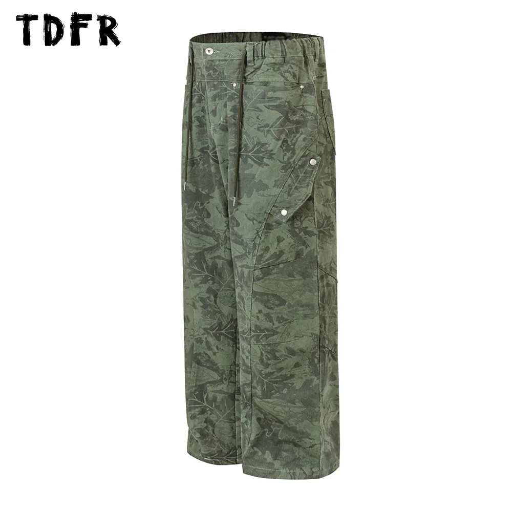 Spliced Leaf Camo Pants Mens Safari Style Loose Wide Leg Elastic Waist Cargo Trousers Men