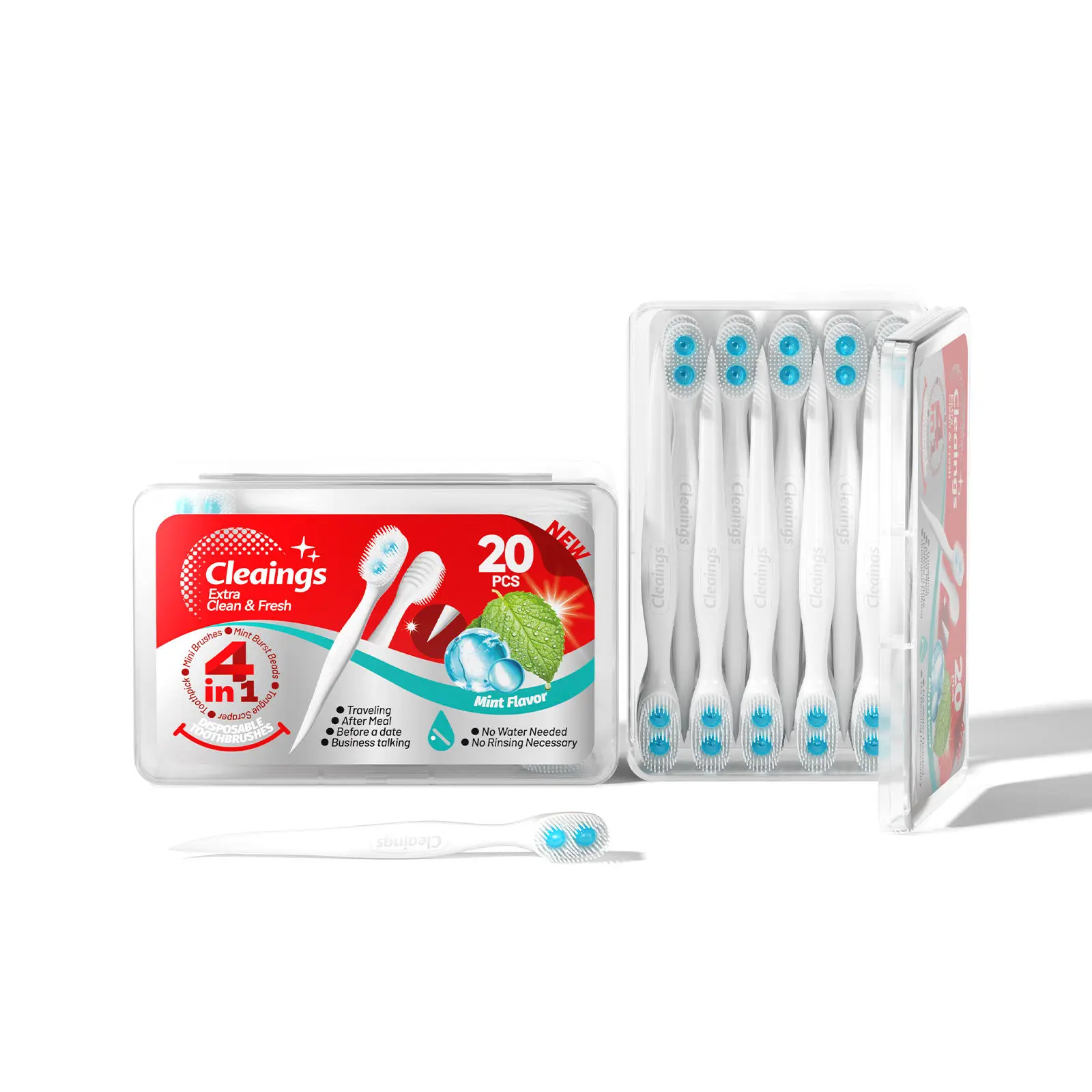 20pc Portable Travel Disposable Mini Toothbrush Kit, Mint&Strawberry Dual Burst Beads Oral Care Set with Flavor Bead Toothpaste