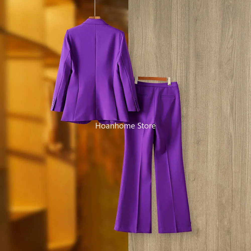 Autumn Luxury Fabric Long Jacket Wide-leg Pants Twin Sets Superior Version Stunning Purple 2PCS Blazers Suit