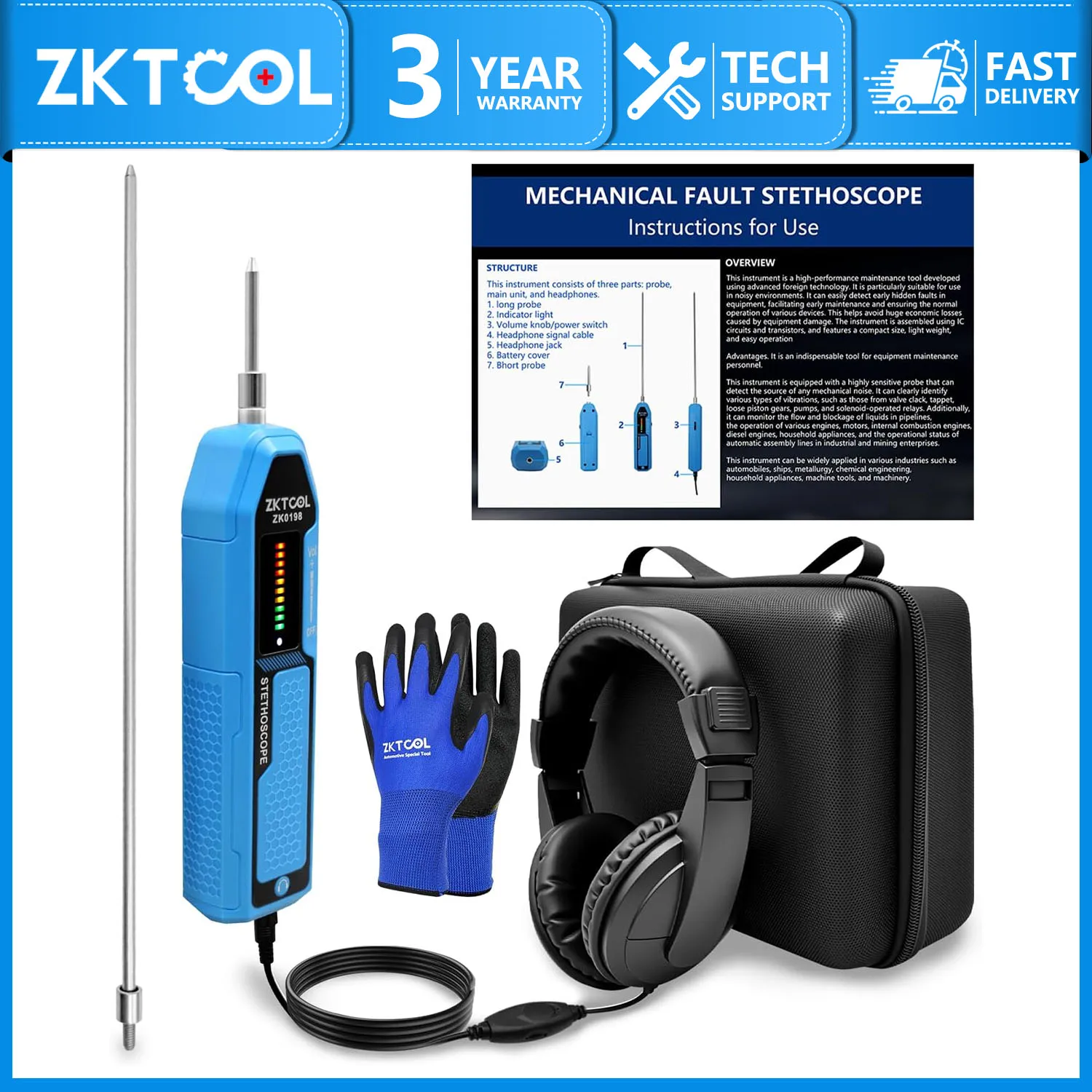 

Electronic Mechanic Stethoscope Diagnostic Device Kit EM410 Automotive Engine Noise Finder Tester Long Short Probe Headphone