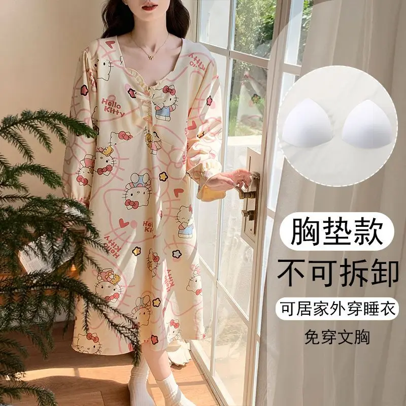

Sanrio новая ночная юбка Hello Kitty ночная юбка с длинными рукавами в полоску пижама женская осенняя свободная стильная домашняя одежда ночная юбка