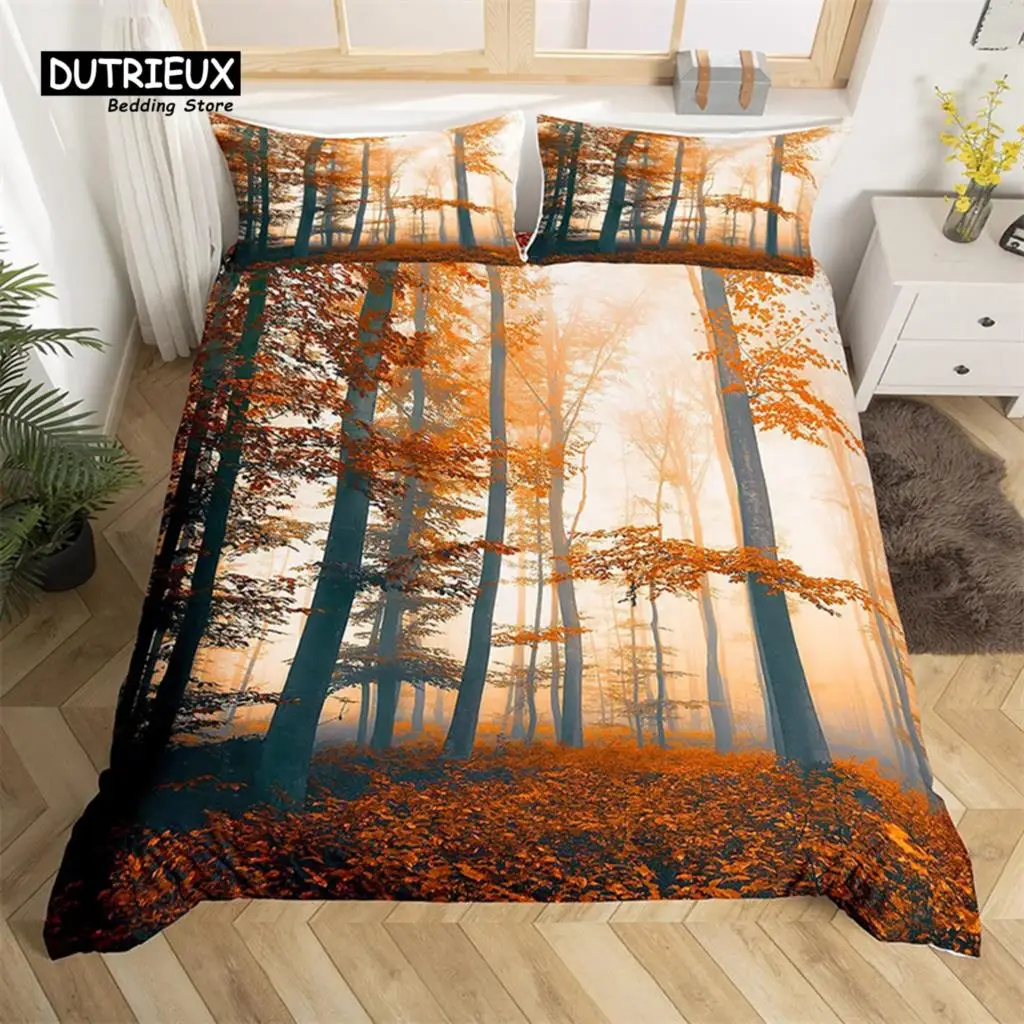 

Dense Birch Trees with Red Leaves Duvet Cover Tree Lush King Bedding Set Polyester Jungle Nature Botanical Print Comforter Cover