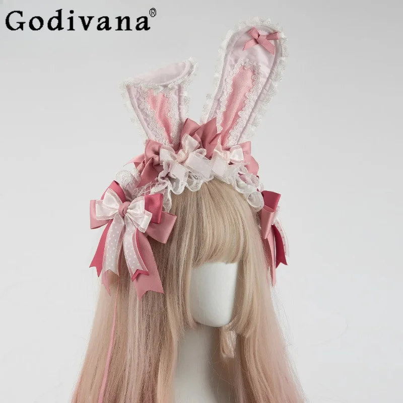 

Japanese Original Bow Rabbit Handmade Lolita Headdress Sweet Cute Girl Doll Feeling Rabbit Ear Headband Kc / Bnt