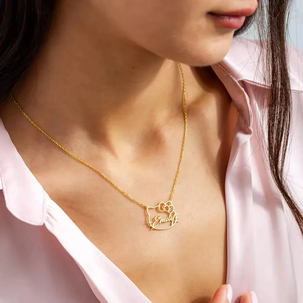2025 Modische neue personalisierte individuelle Namenskette mit Katzen- und Kitty-Anhänger, Geburtstagsgeschenk aus Edelstahl 304
