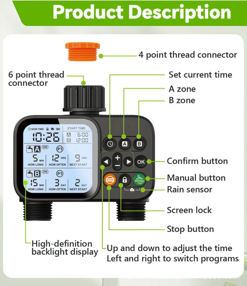 Dual‑outlet Irrigation‑control Tool, Timing Apparatus for Smart Auto Watering Orchard Lawn Sprinkler Irrigation Monitoring view 6