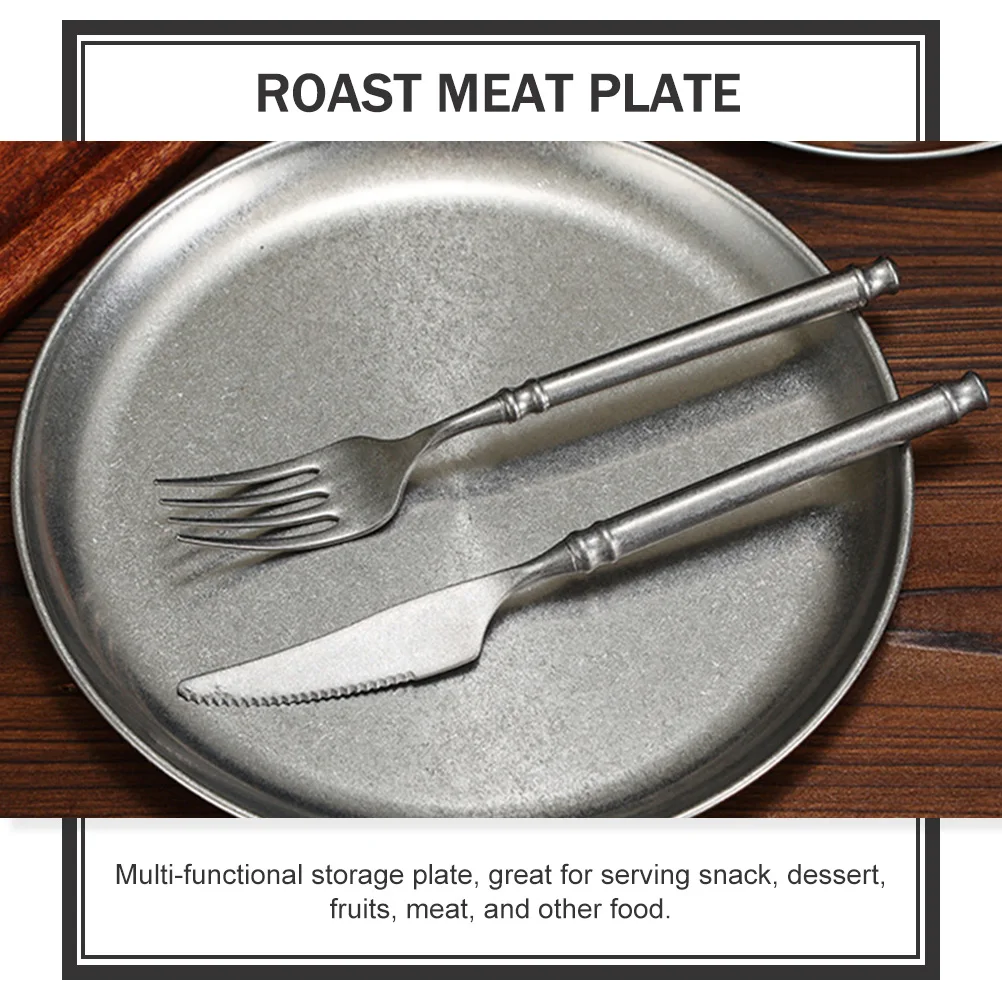 

Vintage Style Bbq Plate Stainless Steel Round Food Dish For Roast Meat Steak Snack Fruit Dessert Serving Tray Kitchen