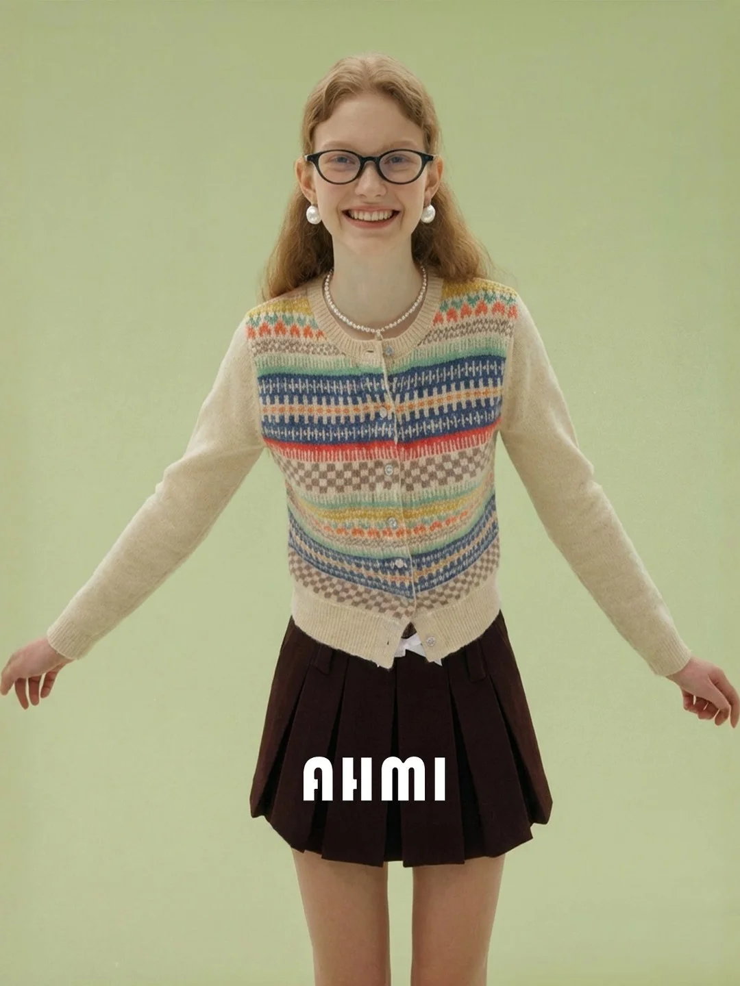 

AHMI Retro Chic Embroidered round Ne Sweater Slim Fit Autumn Winter Open Cardigan Top for Young Girls Faionable Warm