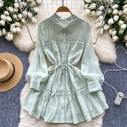 Chic French Fashion Slim Bandage Lace Turn-down Collar Single Breasted Spliced A-line Dress Vintage Women High Street Clothing