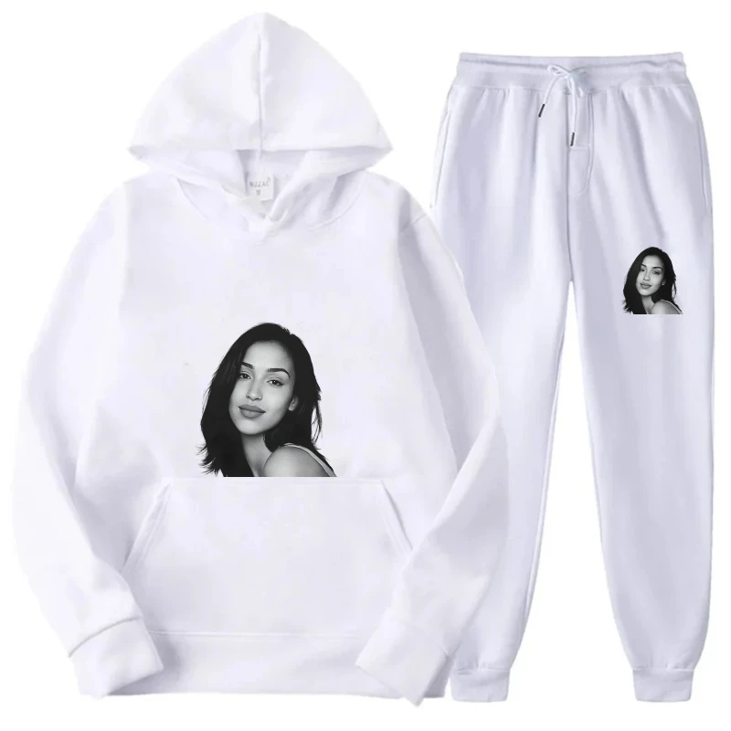 طقم هوديي سويت شيرت نسائي مطبوع باللون الأبيض وملابس ركض كاجوال مريحة للمنزل والارتداء اليومي