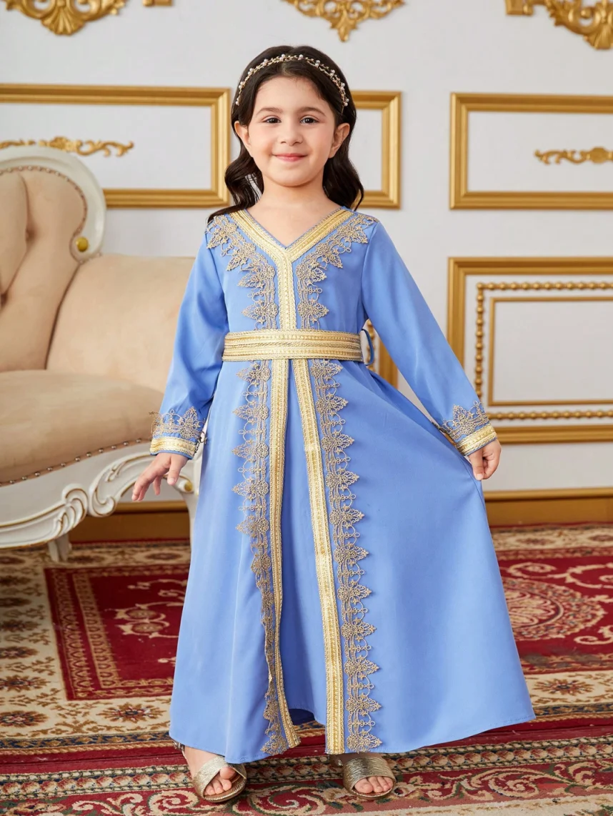 Girls Muslim Ramadan Abaya Kids Long Sleeve V Neck Prayer Dress Middle East Arabic Kaftan Dress with Belt