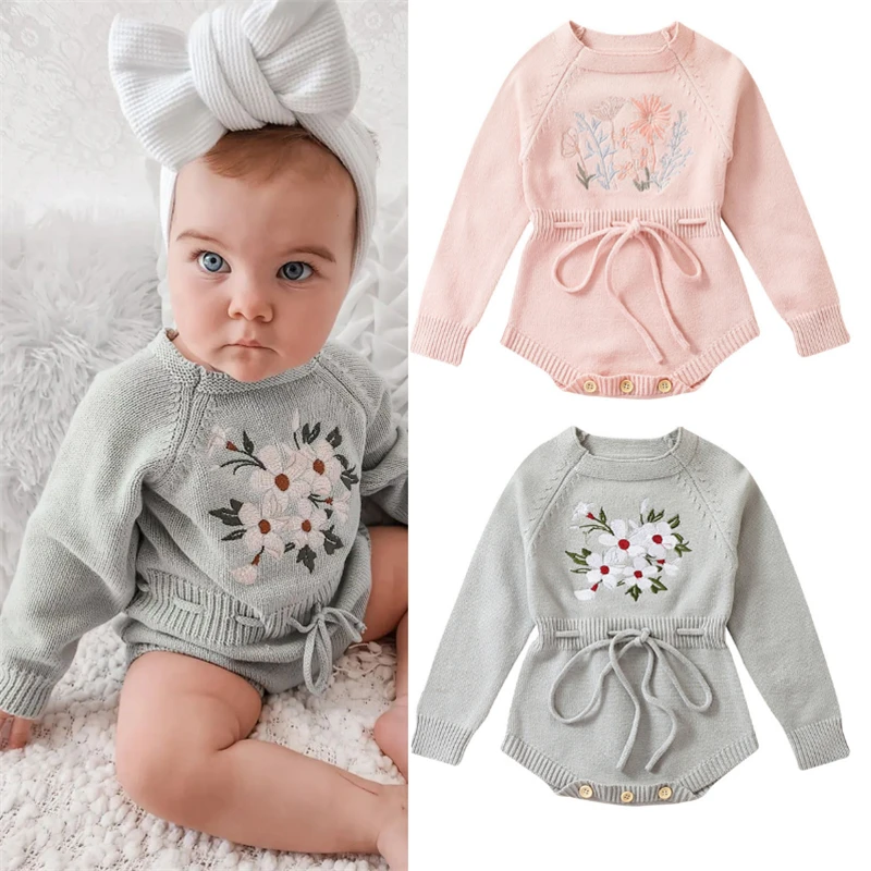 Baby Girls Knitted Long Sleeve Flowers Embroidery Autumn Winter Baby Clothes Jumpsuits