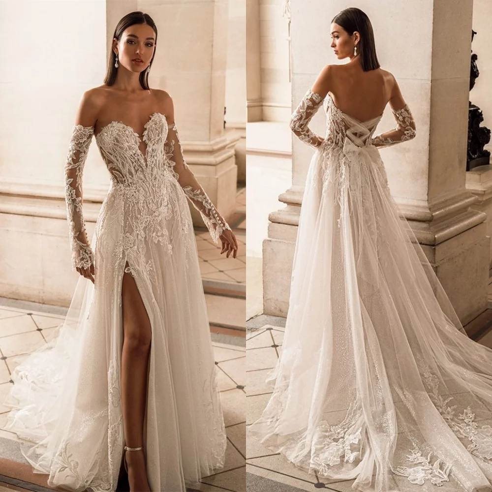 فستان زفاف من التول الأبيض مخصص بدون حمالات وأكمام قابلة للانفصال لحفلات الزفاف مثير بأربطة من الخلف رداء de mariée