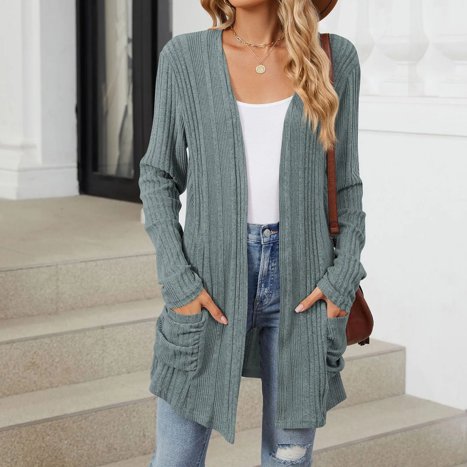 Women 2024 Autumn Mid Long Cardigan Casual Long Sleeve Neck Knitted Sweater Cardigans With Pocket Work Sweaters for Women Office