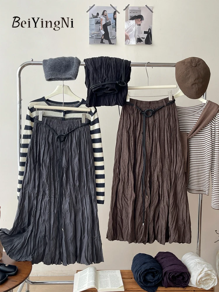 Beiyingni Jesienno-zimowe plisowane długie spódnice damskie z paskami, retro, jednolite, w stylu japońskim, damskie spódnice midi w kształcie litery A, Faldas