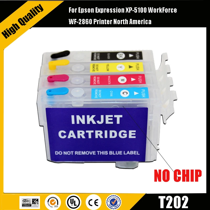 eikshop 202 202XL Refillable Ink Cartridge No Chip For Epson Expression XP-5100 WorkForce WF-2860 Printer North America