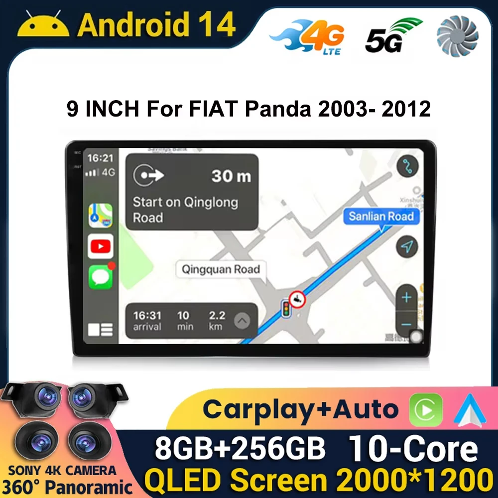 

9 Inch Android 14 For FIAT Panda 2003 - 2012 Car Multimedia Player Auto Navigation Stereo Head Unit WIFI WIreless Carplay 4G DSP