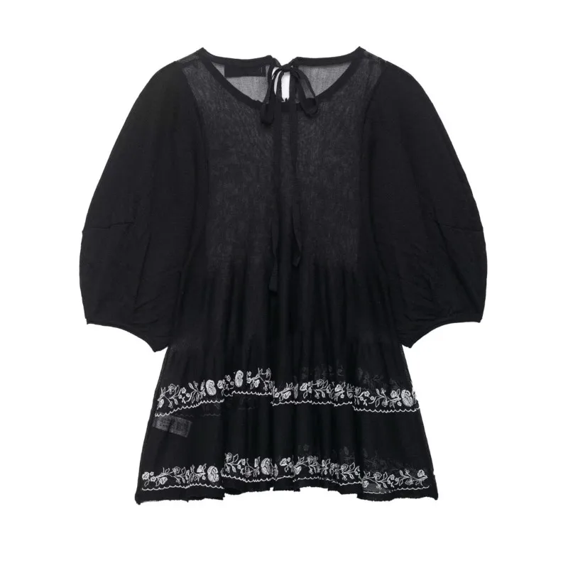 

TRAF Embroidered Long Blouse Summer Flowing Ruffle Trim O Neck Knit Women's Blouse Lightweight Female Elegant Shirts & Blouses