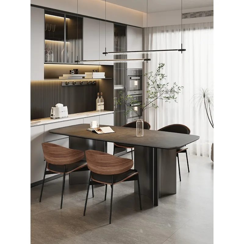 Mesa de comedor de losa de roca minimalista italiana, mesa de comedor rectangular y sillas, mesa de comedor negra