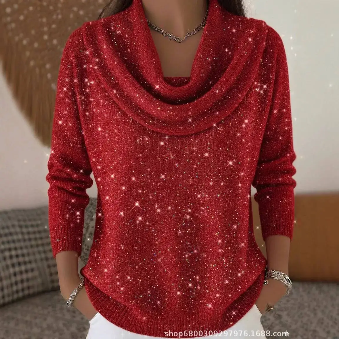 

Fashion Sequins Knit Sweater For Women Casual Pile Collar Long Sleeve Pullover Sweaters Tops Lady Holiday Party Women's Clothing