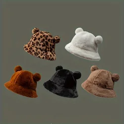 Cute leopard print ears plush fisherman hat for women Autumn-winter thickened hairball thermal pot hat