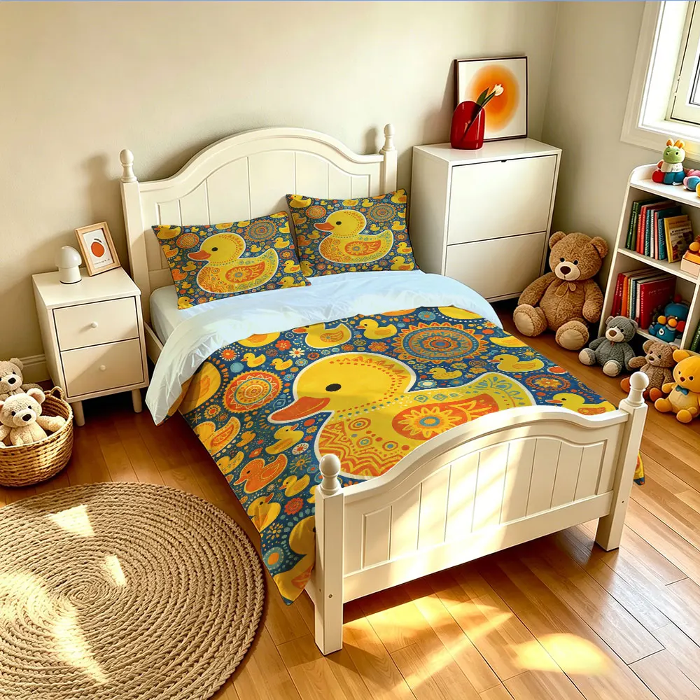 3PCS Vintage Mandala Painted Yellow Duck Duvet Cover Set Soft Decorative Bedding Multi-size Machine Washable (No Insert)