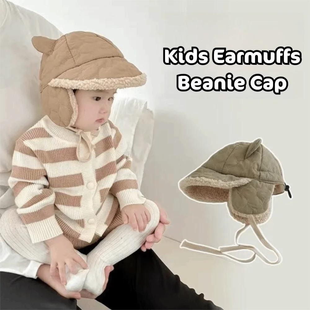 

Cute Winter Warm Children's Hats Ear Protection Solid Color Toddler Earmuffs Beanie Windproof Thickened Lamb Fleece Warm Cap