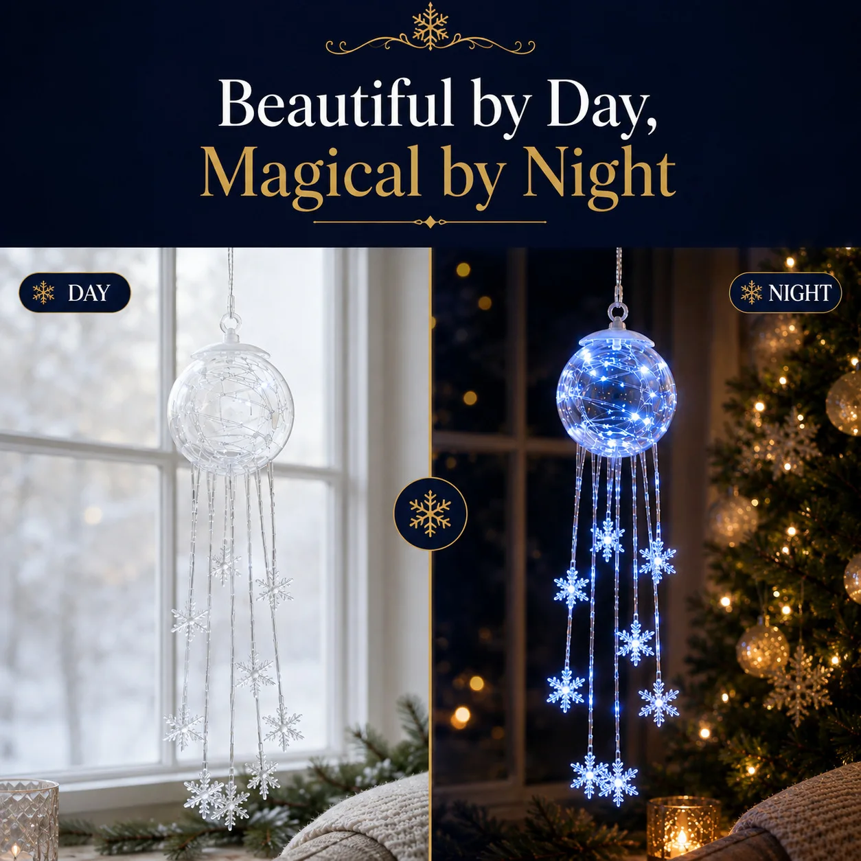 Christmas Hanging LED Globe Light With Snowflake Tassel Icy Blue Fairy String Light Xmas Home Window Decor Ornament Gift